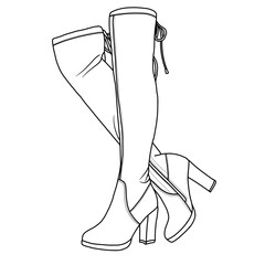Women's Thigh High Over The Knee Boots Platform Chunky Heel Suede Shoes Line art, Technical sketch hand drawing outline vector doodle illustration side Isometric view isolated on white background