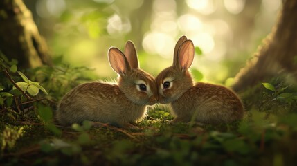 Fototapeta premium Cute baby bunnies in forest