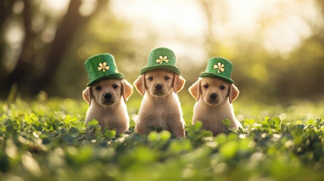 three adorable golden retriever puppies wearing green shamrock hats in a field