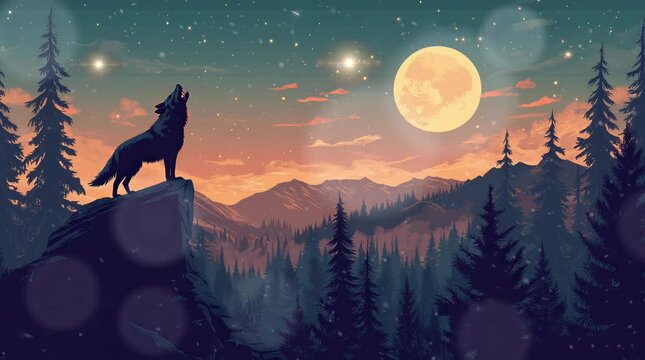 wolf howling at the moon. Seamless looping time-lapse virtual 4k video animation background