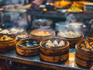 A traditional Chinese dim sum spread with bamboo steamers filled with dumplings, buns, and spring rolls, vibrant restaurant scene.