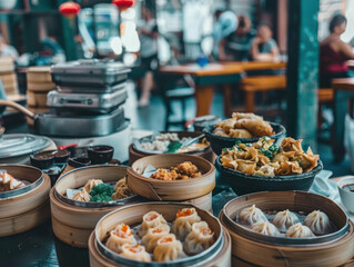 Fototapeta premium A traditional Chinese dim sum spread with bamboo steamers filled with dumplings, buns, and spring rolls, vibrant restaurant scene.