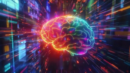 Fototapeta premium Vibrant 3d brain illustration with radiant glowing lines on a dark, blurred background design