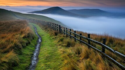 Scenic Pathway Through Misty Hills at Sunrise