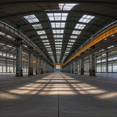 Obraz premium Empty factory interior, perspective symmetrical view
