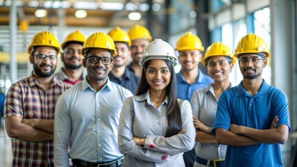 Workers in Safety Gear - Group portrait of Indian factory workers wearing safety helmets.