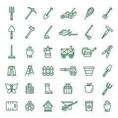 Set of Line Icons for Gardening, Agriculture, and Farming Tools. Minimalist Green Outline Collection