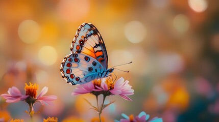 Colorful butterfly on a vibrant flower in a garden setting, soft bokeh background, vivid colors, delicate wings in a macro nature close-up with a summer atmosphere and shallow depth.