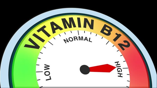 Vitamin B12 Level Text or Word Low and Medium to High Meter Concept Animation on Black Background and Blue Screen