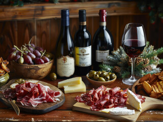 A traditional tapas spread with jam'n iberico, manchego cheese, olives, and a glass of red wine, set on a rustic wooden table.
