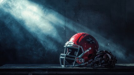 Fototapeta premium Football Gear on Bench Under Dramatic Light