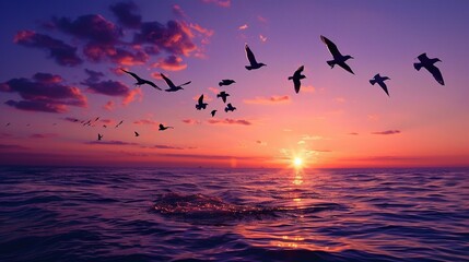 Obraz premium Serene ocean sunset with vivid orange and yellow sky, birds flying