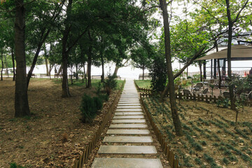 Obraz premium Scenic landscape of Tirana with a lake in the city. Beautiful promenade in the park. Walking path through a park. Capital city of Albania. Travel journey destination background. Footpath in forest. 