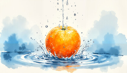 Fresh orange splashing in water with droplets on a soft watercolor background