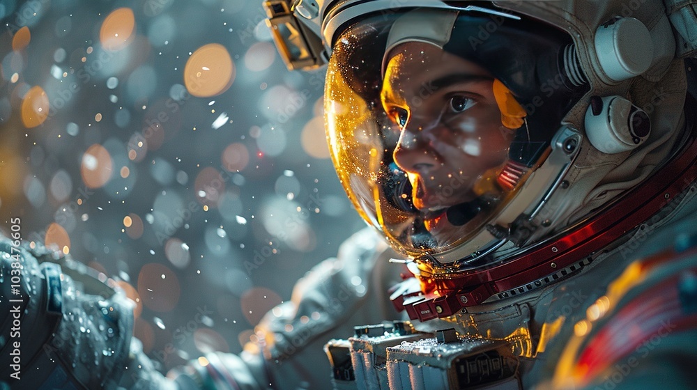 Poster an astronaut gazes thoughtfully while surrounded by floating particles in a cosmic environment.
