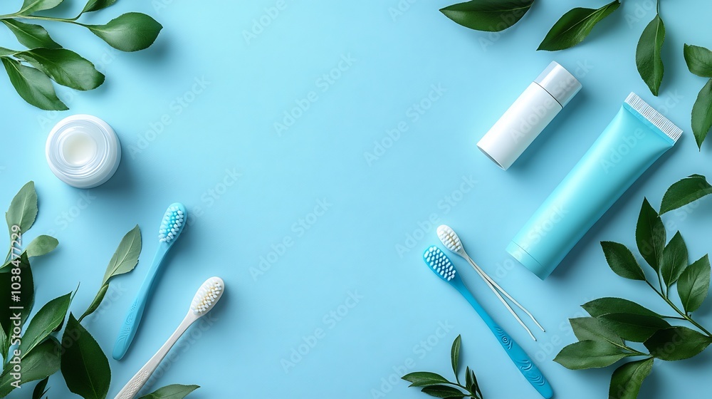 Aufkleber top view of dental hygiene kit with toothpaste toothbrush and floss on a clean light background emph