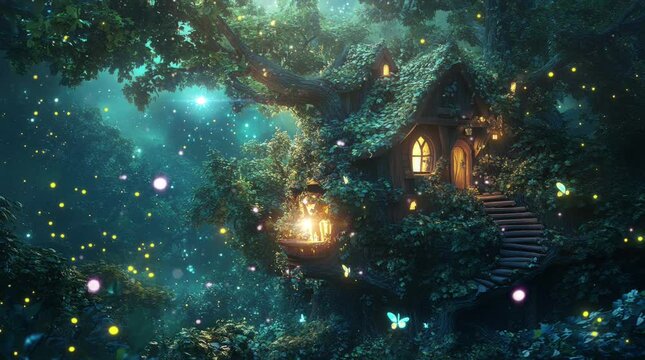a fairy house on top of a tree at night with sparkling fireflies. Seamless looping time-lapse virtual 4k video animation background