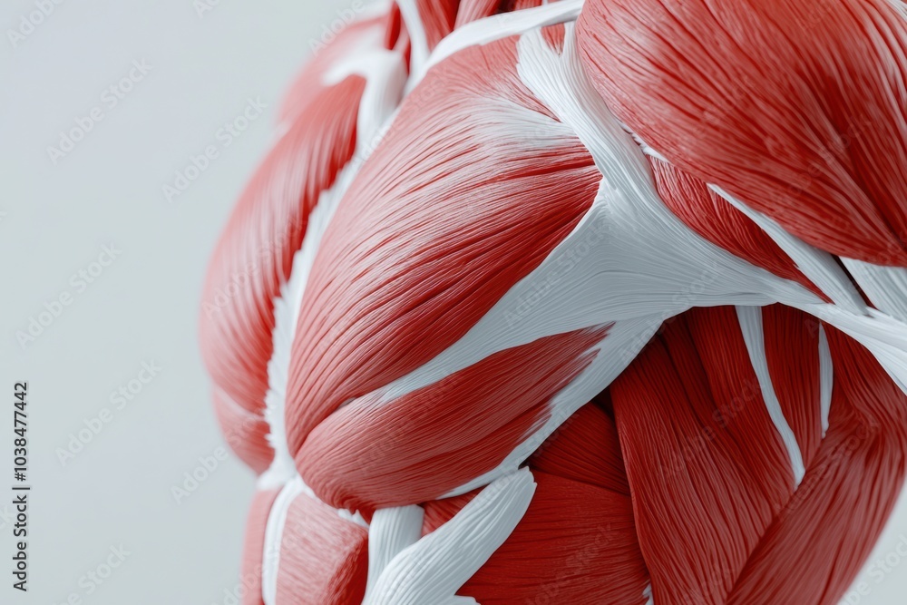 Poster A close-up examination reveals the intricate textures and structures of a red and white muscle anatomy model, emphasizing muscle fibers. Generative AI