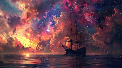 Fototapeta premium Colorful cosmic ship sailing through a vibrant nebula-filled galaxy scene