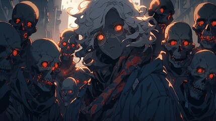 leader with an army of undead, colorful anime style