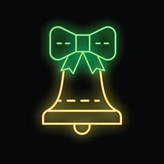Green and yellow neon bell with bow on black background