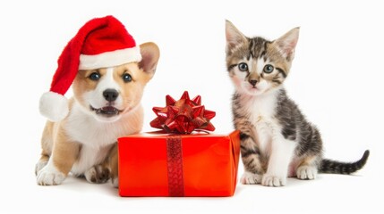  Festive Christmas scene featuring pet wearing Santa hats, playfully interacting with a red gift box, isolated on a pristine white background.