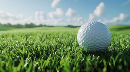 Golf ball on tee amidst lush green grass under a blue sky, close-up view of sports equipment in an outdoor golf course scene with high detail and realistic texture.