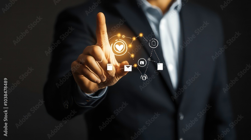 Poster a businessman in a suit is pressing a button on a virtual screen. the screen displays icons that rep