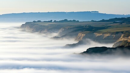 Misty Cliffs Over a Serene Landscape at Dawn