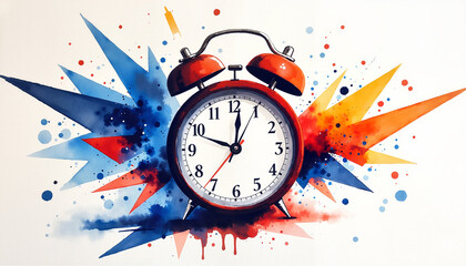 Eye-catching red alarm clock surrounded by colorful splashes and sharp shapes