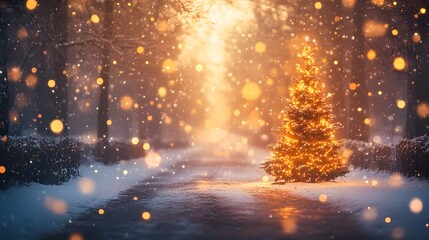 Illuminated Christmas tree on a snowy path with festive street lights, winter wonderland scene with falling snow, glowing bokeh, evening atmosphere, holiday decorations, warm golden lights.