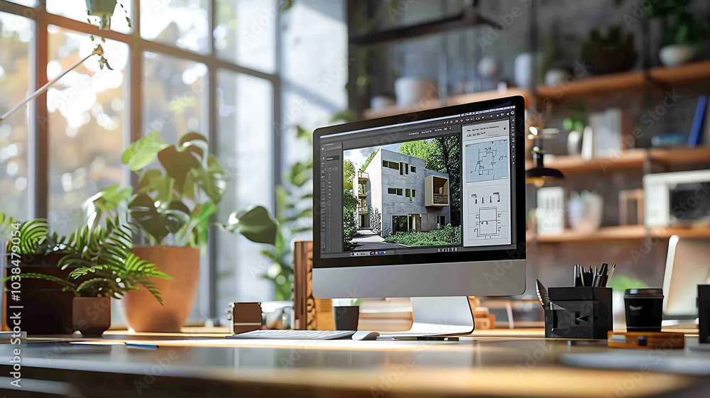 Poster computer monitor 3d interior design engineer architect blueprint on desk workspace in modern office 