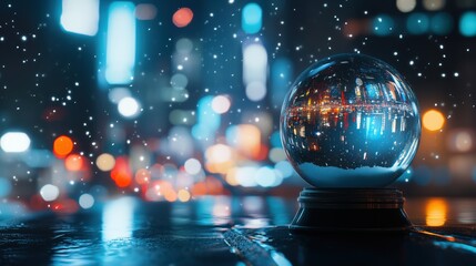 Schneekugel mit Stadtreflexionen bei Nacht
