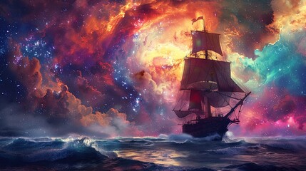 Colorful cosmic ship sailing through a vibrant nebula-filled galaxy scene