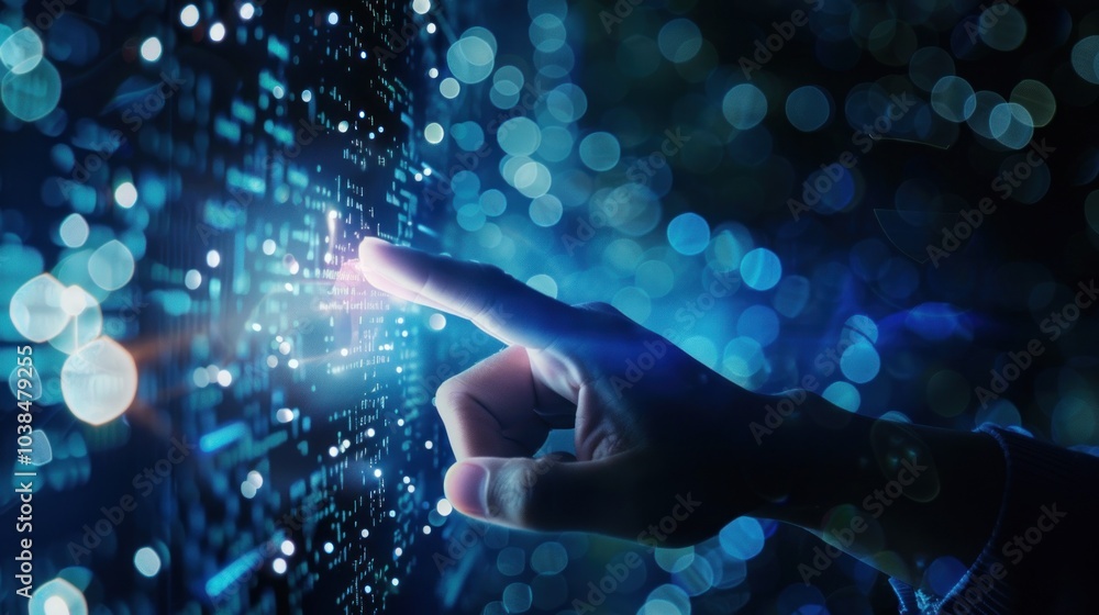 Poster digital interaction: a hand reaches out to touch a screen filled with data