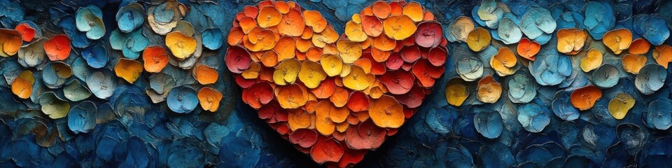 Vibrant heart made of colorful petals set against a textured blue background, symbolizing love and creativity.