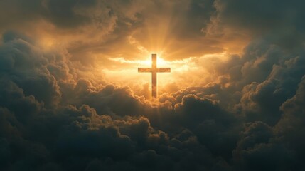 Fototapeta premium Illuminated cross against a dramatic sky with striking sunbeams and ethereal atmosphere