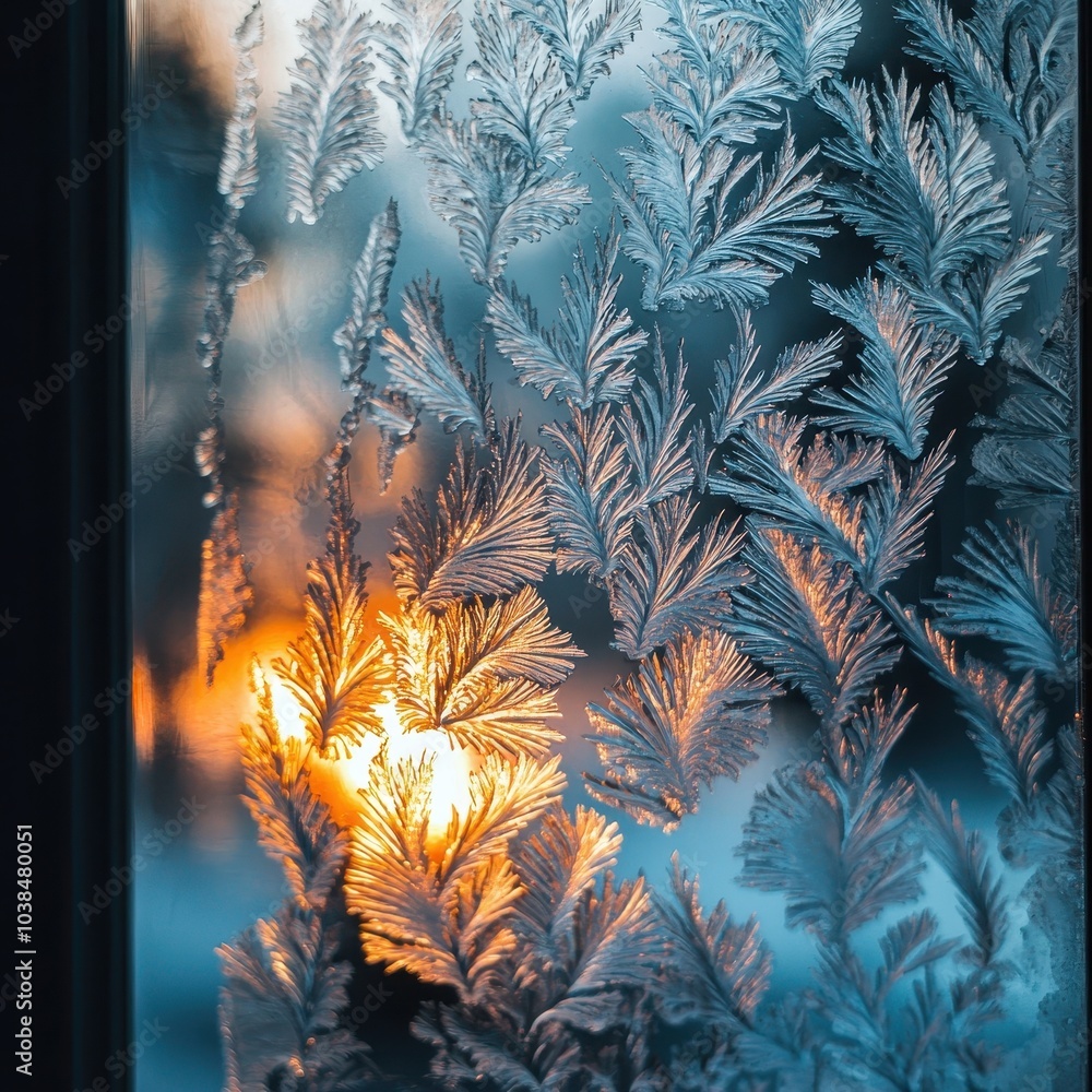 Poster frosty window with intricate ice patterns