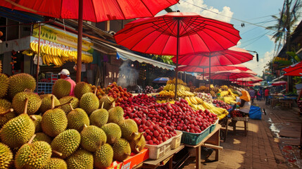 A vibrant market in Asia, with a variety of colorful tropical fruits such as durian, rambutan, and bananas, set under bright red umbrellas