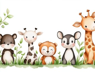 Cute animal characters surrounded by greenery, perfect for children's themes and educational materials.