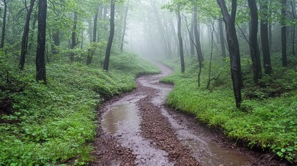 Serene Misty Forest Pathway in Green Nature