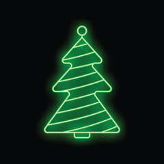 Bright green neon christmas tree is glowing on a black background