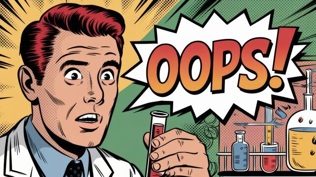 Pop art comic book retro illustration of a surprised scientist saying Oops! while holding test tube