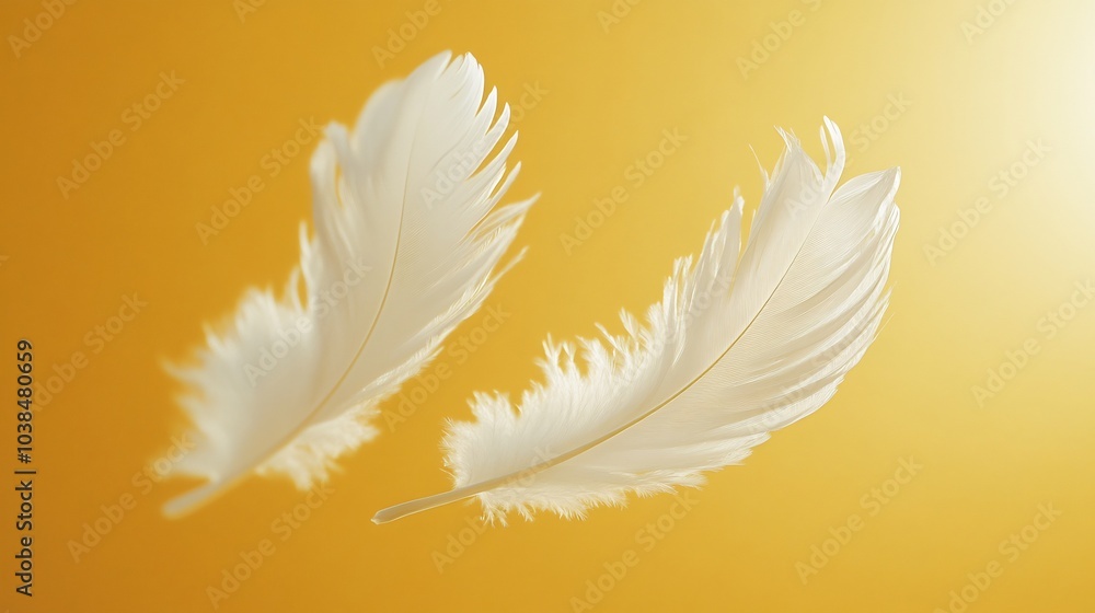 Poster two delicate white feathers gently floating midair creating a serene and peaceful atmosphere set aga
