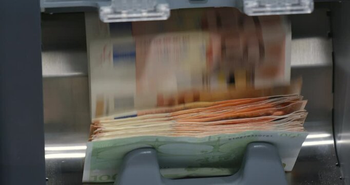 сash money euros into banknote counter. High quality video 6k 4:2:2 10bit downscale 4k 