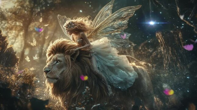 a fairy riding a lion in a fantasy forest. Seamless looping time-lapse virtual 4k video animation background