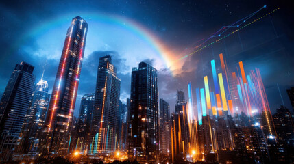 Obraz premium vibrant night view of modern city skyline with rainbow and colorful lights