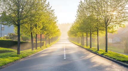 Serene Morning Road Surrounded by Lush Green Trees