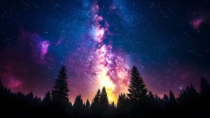 Naklejka premium Night sky featuring the vibrant Milky Way galaxy and pine forest silhouette, starry cosmos with colorful nebula, creating a mystical atmosphere in high-resolution astrophotography.
