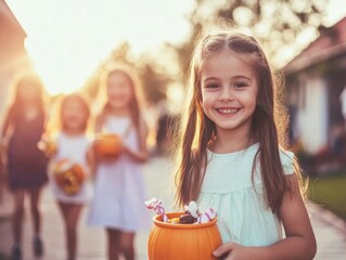 Fototapeta premium Kids showing off their Halloween candy buckets shaped like pumpkins festive decorations in the background